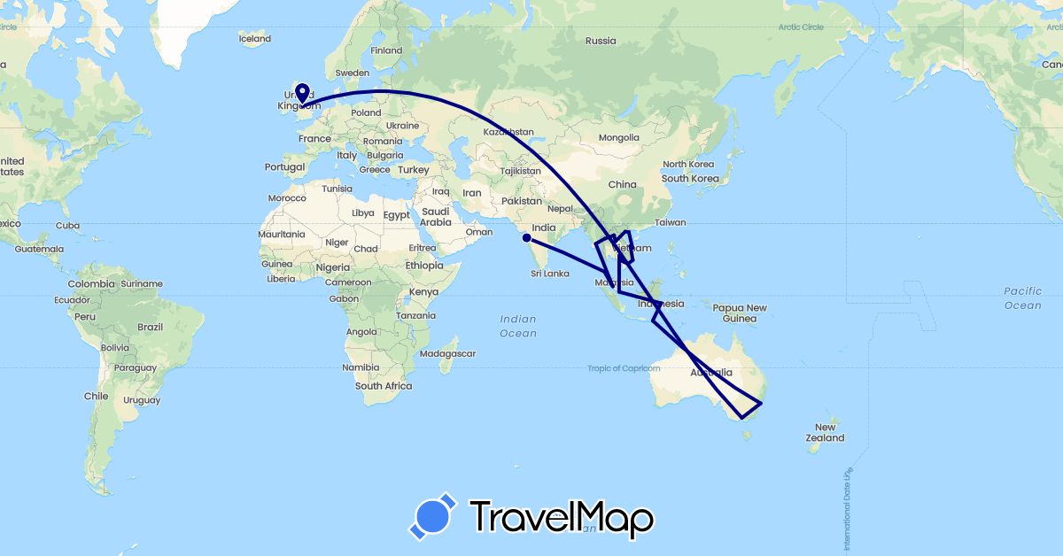 TravelMap itinerary: driving in Australia, United Kingdom, Indonesia, India, Cambodia, Laos, Myanmar (Burma), Malaysia, Singapore, Thailand, Vietnam (Asia, Europe, Oceania)